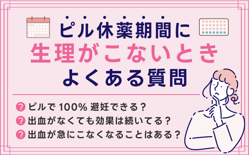 ピル休薬期間に生理がこないときによくある質問

ピルで100%避妊できる？

正しく服用すれば非常に高い避妊効果がありますが、100%ではありません。

低用量ピルを正しく服用した場合の避妊効果は約99%以上といわれています。ただし、飲み忘れや消化吸収の問題があると効果が低下することがあります。確実な避妊を希望する場合は、コンドームと併用することをおすすめします。

出血がなくても避妊効果は続いている？

ピルを正しく服用できていれば、出血がなくても避妊効果は維持されています。

消退出血は「避妊が成功している証拠」ではなく、単なる出血現象です。出血の有無と避妊効果は直接関係ありません。正しいスケジュールで服用を続けていれば、安心してください。

毎回あった出血が急にこなくなることはある？

あります。決して珍しいことではありません。

ピルを続けて服用するうちに子宮内膜がより薄くなり、これまで毎回あった消退出血が急になくなることがあります。これはピルの自然な作用であり、体に異常が起きているわけではありません。ただし、妊娠の可能性が完全にゼロでない場合は、念のため妊娠検査薬で確認することをおすすめします。

休薬期間にアフターピルを飲んでも大丈夫？

妊娠の可能性がある場合は、休薬期間中でもアフターピルを服用することは可能です。

ただし、アフターピルを服用すると次のピルシートの開始タイミングや出血パターンに影響が出ることがあります。自己判断でスケジュールを変更するのは避け、必ず医師や薬剤師に相談してから行動しましょう。