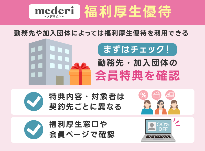 勤務先や加入団体によっては福利厚生優待を利用できる