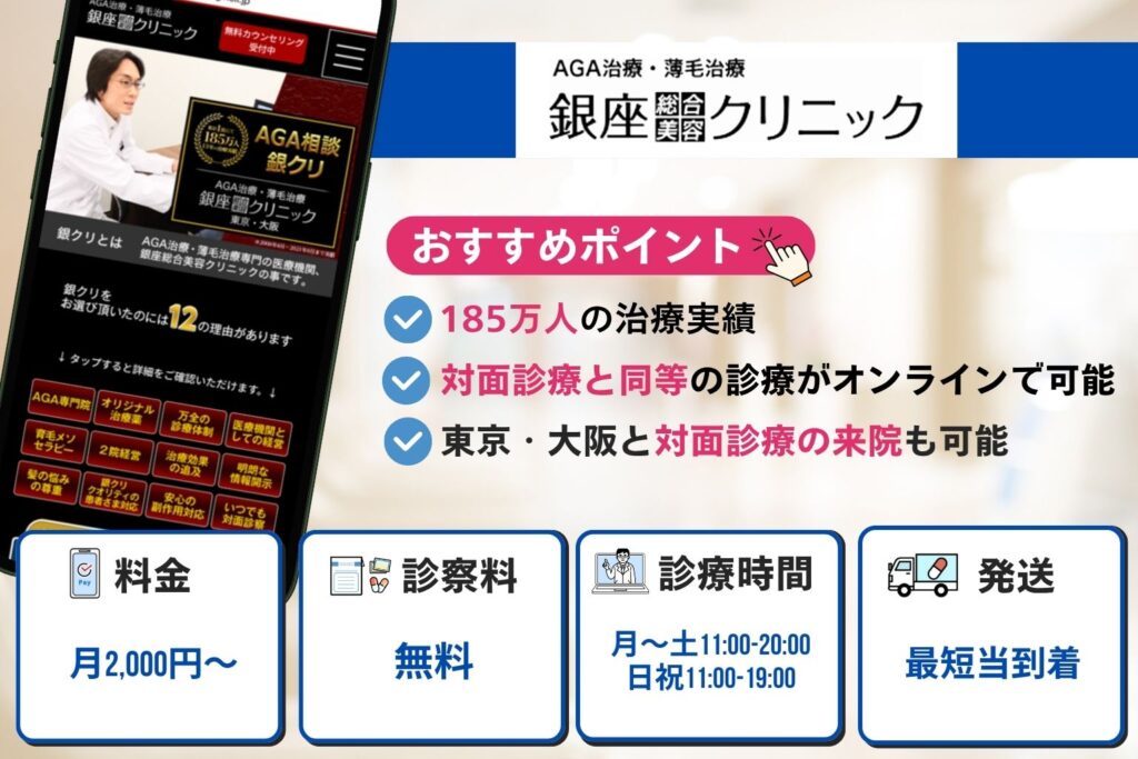 銀座総合美容クリニックは初月1000円でAGA相談185万人の治療実績